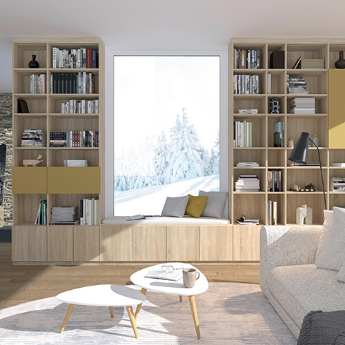 Sur mesure bibliotheque moutarde chene sable HD